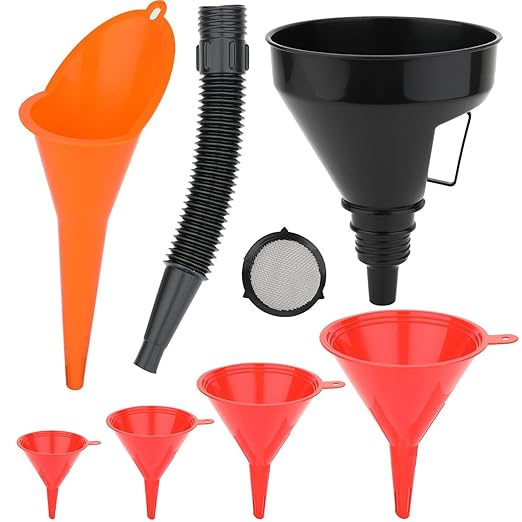 6 Pcs Automotive Oil Funnel Set – Wide Mouth Fuel Funnels with Long Neck, Flexible Spout & Removable Filter – for Gasoline, Coolant, Water, Engine Oil by Cartisen