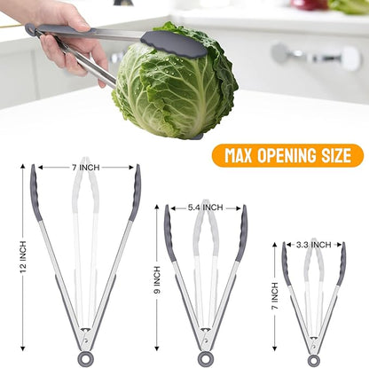 HOTEC Premium Stainless Steel Locking Kitchen Tongs with Silicon Tips, Set of 3-7", 9" and 12" (Grey) - Image 7