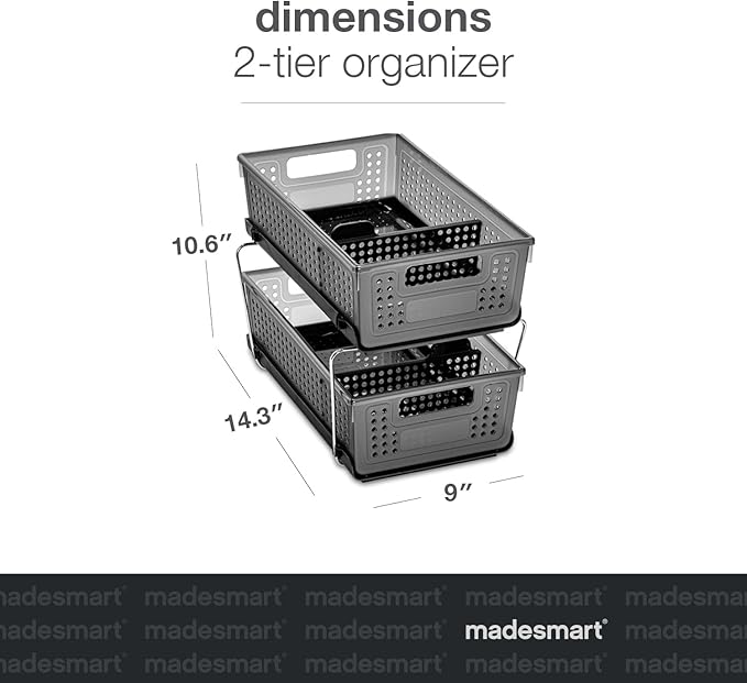 madesmart Antimicrobial 2-Tier Organizer Multi-Purpose Slide-Out Storage with Handles and Dividers for Home and Bath, Pack of 1, Carbon - Image 3