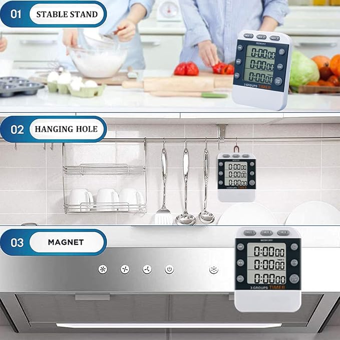 Digital Dual Kitchen Timer for Cooking, 3 Channels Count Down/up Triple Multi Timers for Food, Magnetic Memory-Preset Large-Display Adjustable Alarm Volume, 3A Battery Included - Image 5