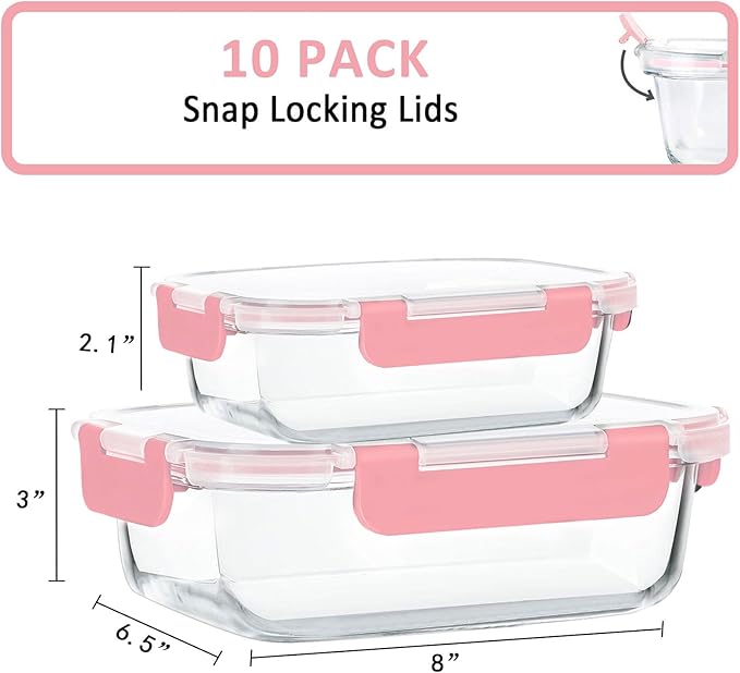 M MCIRCO [10-Pack Meal Prep Containers with Snap Locking Lids, Glass Airtight Lunch, Food Storage Containers, Microwave, Oven, Freezer and Dishwasher Friendly, Pink - Image 2