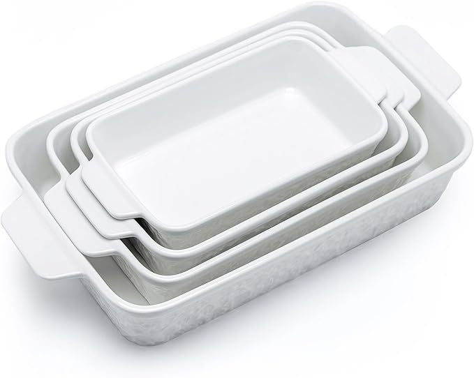 Dafuceramic Casserole Dishes for Oven, Baking Dishes, Ceramic Bakeware Sets of 4, Rectangular Baking Pan Set with Handles for Baking, Casserole, Kitchen, Wedding Gift,White by Dafuceramic