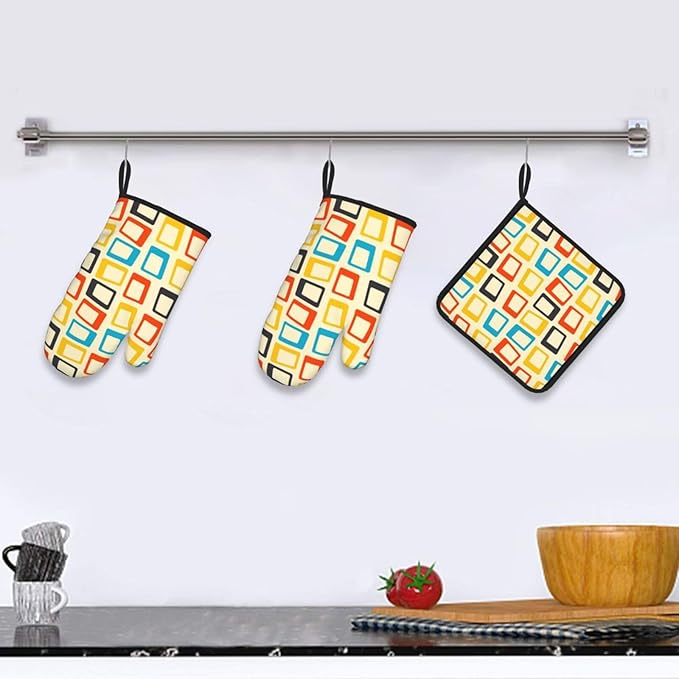 Mid Century Modern Oven Mitts and Pot Holders Sets of 3 Retro Heat Resistant Non Slip BBQ Gloves for Cooking Grilling Baking Kitchen Decor - Image 6