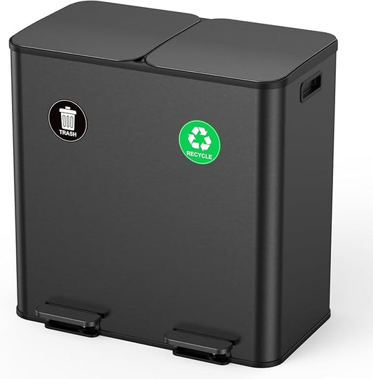 Lovewind Dual Trash and Recycling Bins for Kitchen, 2 * 11-Gallon Stainless Steel Double Trash Can, Step-On Garbage and Recycle Combo, Quiet Close, Pet-Proof, Compatible with 13-Gallon Bags, Black by LOVEWIND