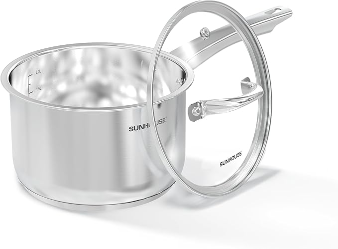SUNHOUSE – 3 Quarts Stainless Steel Sauce Pan with Lid - PFOA-Free, Stainless Steel Sauce Pan, Advanced Impact Bonding Induction Base, Stay-Cool Handle, Compatible with All Cooktops by SUNHOUSE