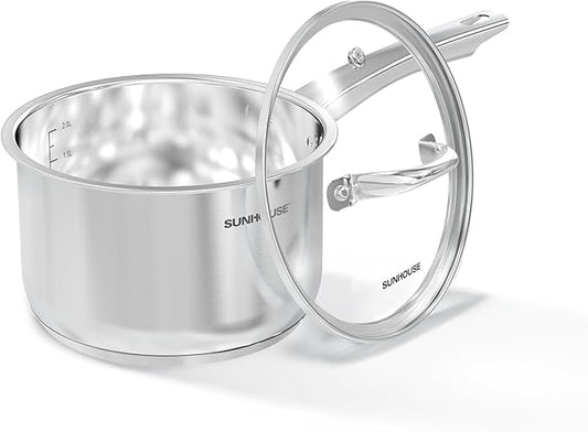 SUNHOUSE – 3 Quarts Stainless Steel Sauce Pan with Lid - PFOA-Free, Stainless Steel Sauce Pan, Advanced Impact Bonding Induction Base, Stay-Cool Handle, Compatible with All Cooktops by SUNHOUSE