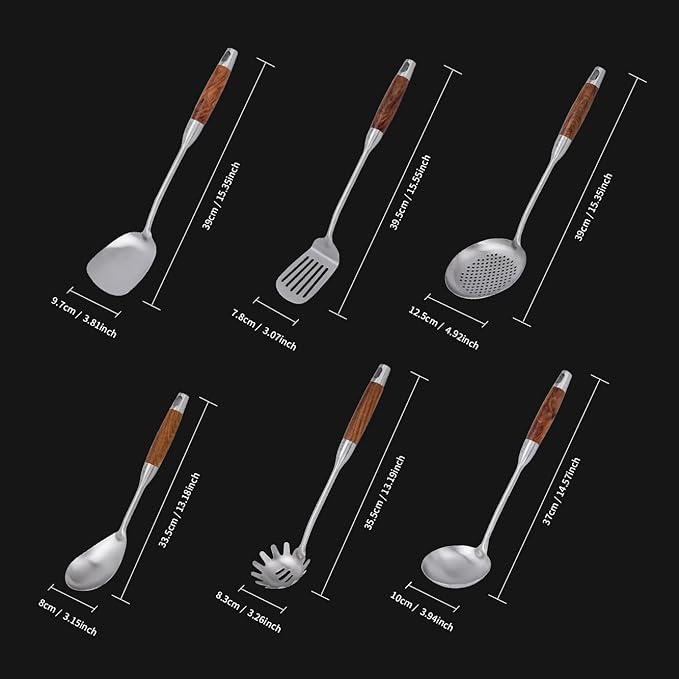 VALESKA Kitchen Utensils Set with Wood Handle, 6 Pieces Stainless Steel Utensils Set, Metal Cooking Utensils Set, Non-Stick and Heat Resistant - Image 2