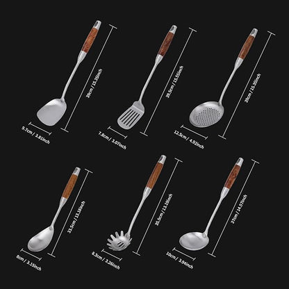 VALESKA Kitchen Utensils Set with Wood Handle, 6 Pieces Stainless Steel Utensils Set, Metal Cooking Utensils Set, Non-Stick and Heat Resistant - Image 2