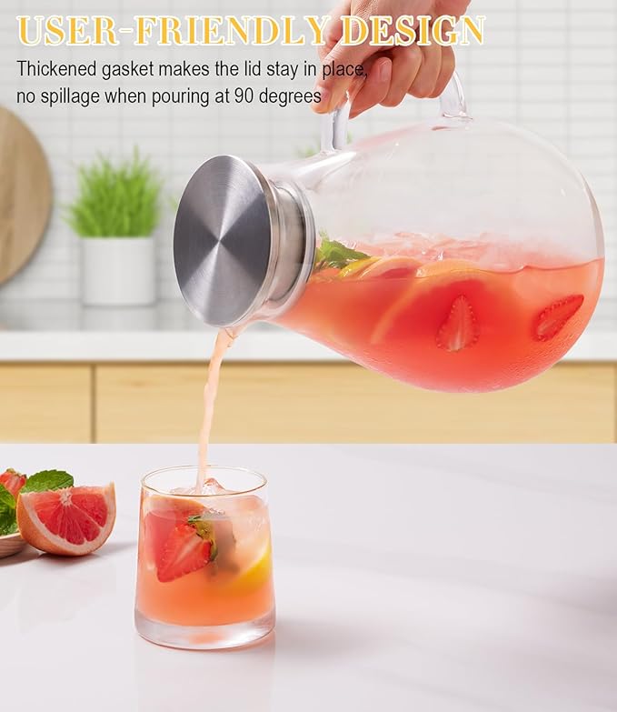 Glass Pitcher, 86oz Glass Water Pitcher with Lid and Handle, Large Borosilicate Hot/Cold Water Jug for Iced Tea, Sangria and Juice Beverage - Image 3