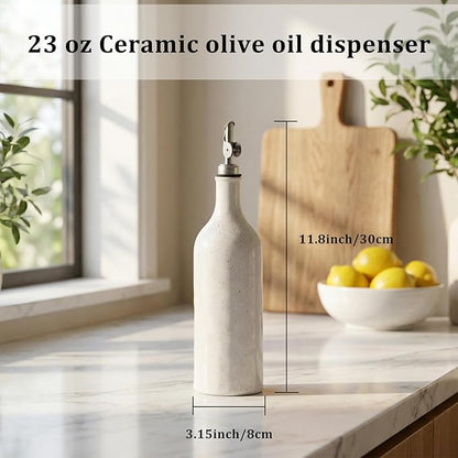Olive Oil Dispenser Bottle for Kitchen, 23 Oz Ceramic Oil Dispenser with Gravity Spout for Olive Oil, Evoo, Vinegar, Soy Sauce, Coffee Syrups, Oil (White)