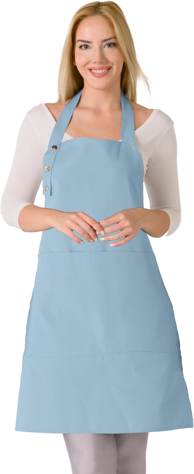 TOSHE Kitchen Apron Waterdrop Resistant Cotton Apron with adjustable Aprons for Women with Pockets 10 Color option Cooking Apron Light Blue (Light Blue) by TOSHE
