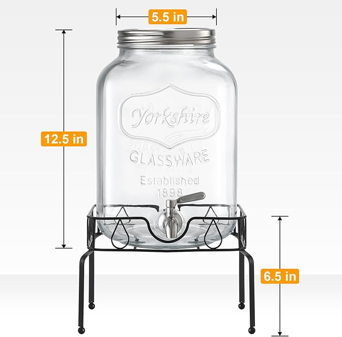 2 Gallon Glass Beverage Dispenser with Stand and Lid, 18/8 Stainless Steel Spigot - Glass Drink Dispensers for Parties - Mason Jar Drink Dispensers with Lids - Image 2