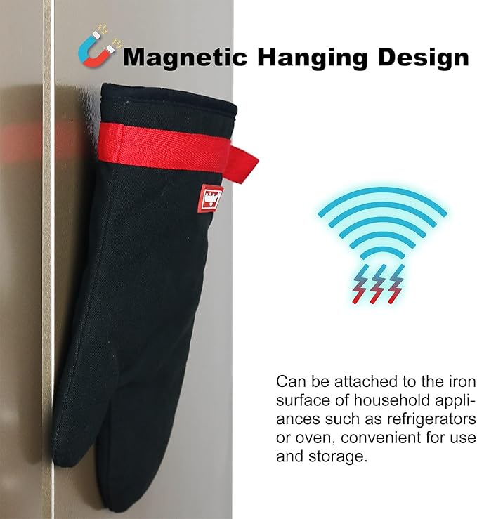 Silicone Oven Mitts, Magnetic Oven Mitt Set, Cotton Oven Mits Heat Resistant, Anti-Slip Hot Mitts for Kitchen, Cooking, Baking, Grilling, Black - Image 2