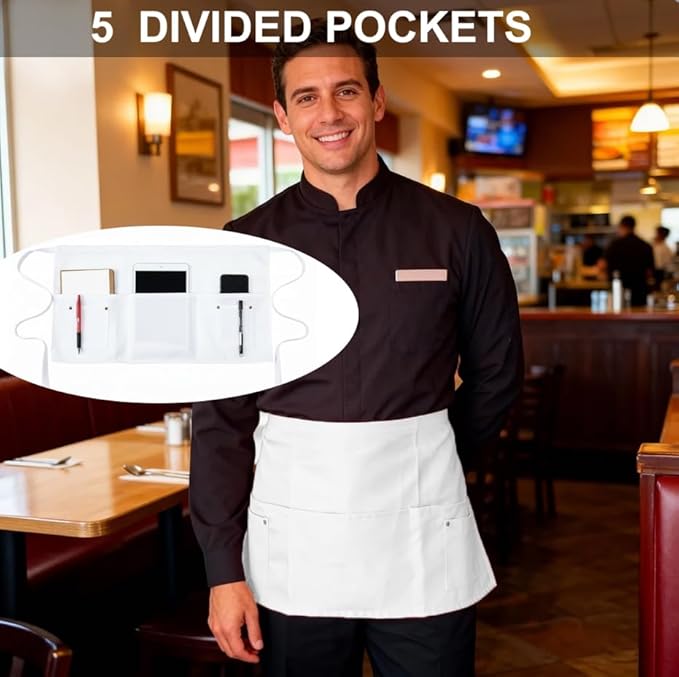 TiwerlfeServer Waist Aprons with 5 Pockets - 11.5 Inch Waterdrop & Oil Resistant Waitress Waiter Half Apron