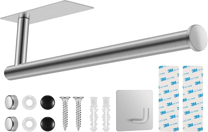 2nd Gen Paper Towel Holder Under Cabinet No Drilling, [More Sturdy] Self Adhesive or Drilling Paper Towel Holder Wall Mount for Kitchen, RV, [Fit Mega Paper Towel Roll] SUS304 Stainless Steel by UREZORGEAR