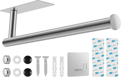 2nd Gen Paper Towel Holder Under Cabinet No Drilling, [More Sturdy] Self Adhesive or Drilling Paper Towel Holder Wall Mount for Kitchen, RV, [Fit Mega Paper Towel Roll] SUS304 Stainless Steel by UREZORGEAR