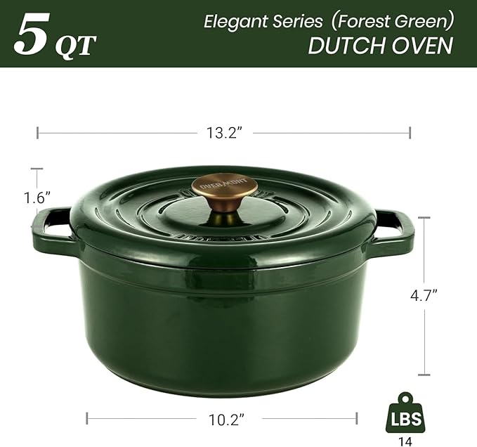 Overmont Enameled Cast Iron Dutch Oven - 5QT Pot with Lid Cookbook & Cotton Potholders - Heavy-Duty Cookware for Braising, Stews, Roasting, Sourdough Baking moss - Image 7