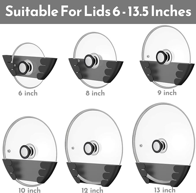 Universal Pot Lid Organizer for Cabinet - Upgraded Patented Niceyos 6 Pack Pan Lids Organizers Inside Door Wall Mount Pots Top Storage Rack Holder Kitchen, Fits 6" to 13" (Black) - Image 2