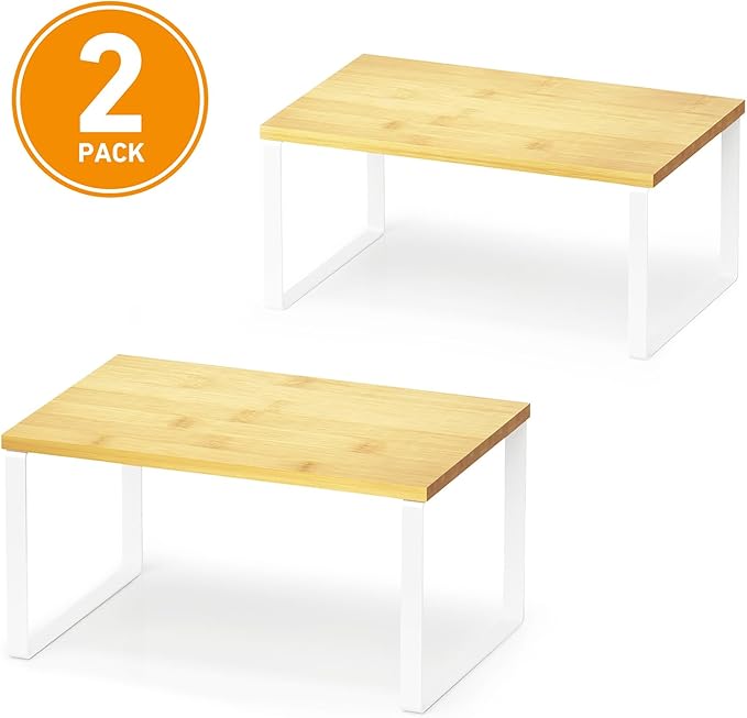 SpaceAid Cabinet Shelf Organizers 2 Pack, Kitchen Counter Rack Shelves Riser, Stackable Expandable Spice Rack, Pantry Cupboard Storage Organization (White and Natural, Short) - Image 7