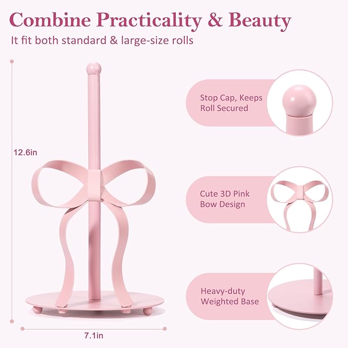 Pink Bow Paper Towel Holder Coutertop - Bow Accent Paper Towel Holder, Pink Kitchen Decor and Accessories, Coquette Room Decor Girly Gifts for Women, 3D Handmade Pattern, Weighted Base - Image 2