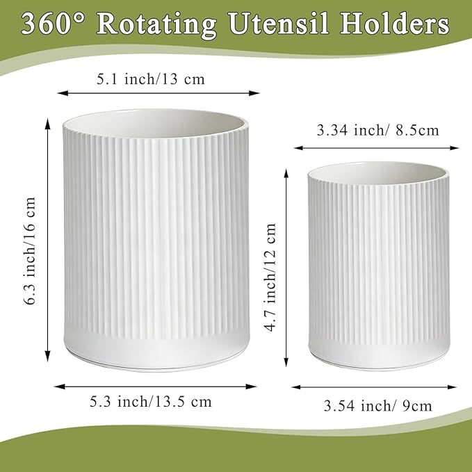 HOMQUEN 360° Rotating Utensil Holder, 6.3''+4.7'' Plastic Kitchen Utensil Holder for Countertop, Large Cooking Utensil Crocks for Kitchen Decor, Utensil Organizer for Spatula, Set of 2 (White) - Image 2