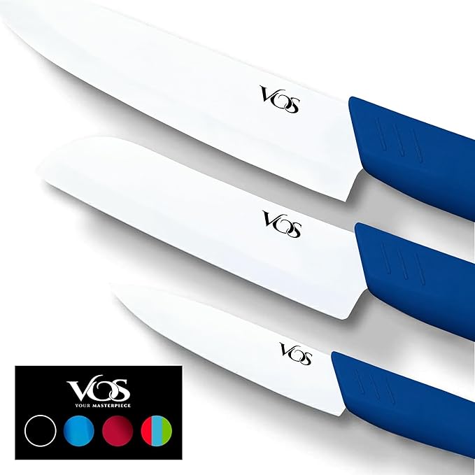 Vos Ceramic Knife Set in Elegant Gift Box, Ceramic Knives Set For Kitchen, Ultra Sharp Kitchen Knife Set with Covers, 4" 5" 6" Paring, Santoku & Chef Knife, Lightweight, Dishwasher safe (Blue Handle)