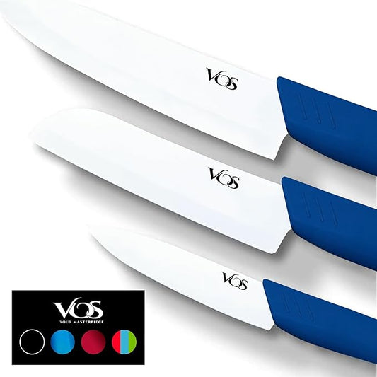 Vos Ceramic Knife Set in Elegant Gift Box, Ceramic Knives Set For Kitchen, Ultra Sharp Kitchen Knife Set with Covers, 4" 5" 6" Paring, Santoku & Chef Knife, Lightweight, Dishwasher safe (Blue Handle)