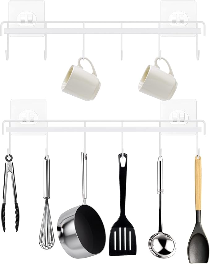 Kitchen Utensil Hanger, Adhesive Utensil Holder Wall Mount Kitchen Rack Rail with 12 Hooks, Space Saving and No Drilling, White, 2 Pcs by HOMEBROS