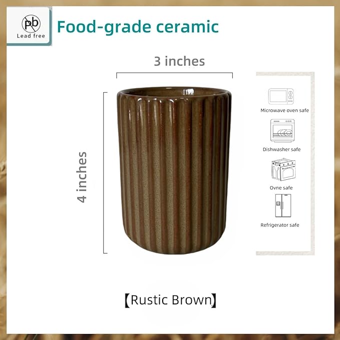 TOPYOKK Stoneware Coffee Bar Utensil Holder Tea & Coffee Spoon & Stirrer Holder for Stir Stick Straw Teaspoon Holder Spoon Cup Small Utensil Jar Fluted Vertical Stripe (Rustic Brown) - Image 5