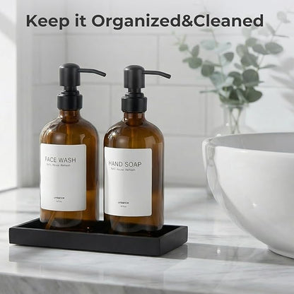 Glass Soap Dispenser Set for Kitchen, Hand and Dish Soap Dispenser with Stainless Steel Pump & Resin Tray, Rental-Modern Refillable Countertop Soap Dispenser for Kitchen Hotel,Amber