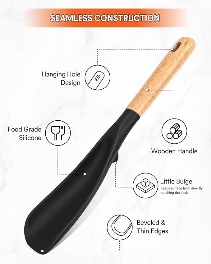 Cooking Spoon for Nonstick Cookwares, Great for Cooking and Serving Sturdy BPA-Free Matte Silicone, Wood Handle Spoon for Mixing, Scoop, and Scrape (Black & White, 11.4 inch) - Image 4