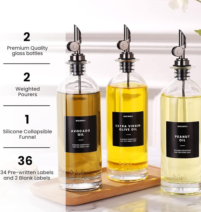 Molimoli Oil and Vinegar Dispenser with Metal Pour Spout, Weighted Pourer, Glass Bottle Dispenser for Kitchen, Olive Oil Cruet, Glass Olive Oil Bottle | 500ml, Set of 2 - Image 4
