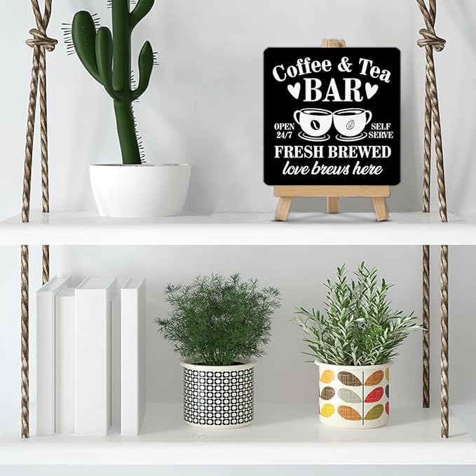 Coffee Tea Bar Decor, Coffee and Tea Bar Wood Sign with Easel Home Kitchen Desk Shelf Table Tiered Tray Decorations - Image 7