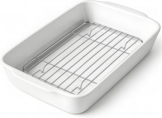 HOMBENE 2 QT Small Ceramic Baking Dish, White Casserole Dish with Roasting Racks, Lasagna Pan for Oven, Ceramic Baking Pan, Kitchen Decor, Microwave Oven Safe, Dinner, Wedding (7.6" x 12.3") by HOMBENE