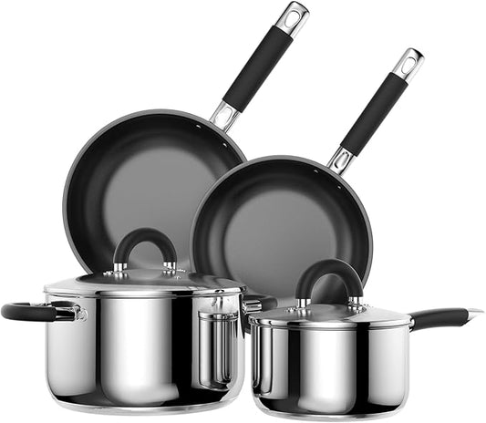 Pots and Pans Set Non Stick, 5 Ply Stainless Steel Cookware Set of 6, 2.8QT 6.5QT Pots 10” 11.5” Frying Pan, Compatible with Gas Induction Ceramic Stove, Dishwasher Safe