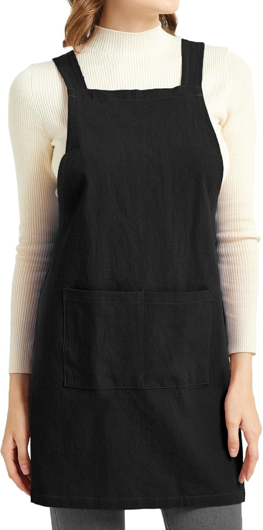 ELEZAY Aprons for Women with Pockets Plus Size Comfort Cross Back No Tie Cotton Linen Apron Pinafore