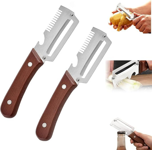 Premium Vegetable Peeler with Wooden Handle and Bottle Opener,Multi-Functional Vegetable Peeler for Kitchen, 2-In-1 Stainless Steel Kitchen Tool, for Fruit Veggie, Includes Bottle Opener (3-In-1 2PCS)