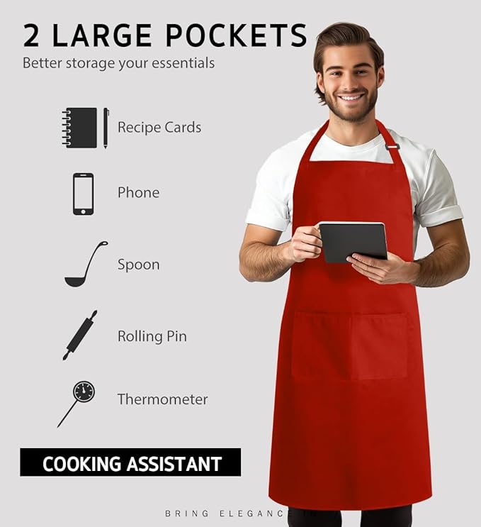 Syntus Apron for Men Women, Adjustable Cooking Kitchen Chef Aprons with 2 Pockets, Cotton/Polycotton/Polyester - Image 4