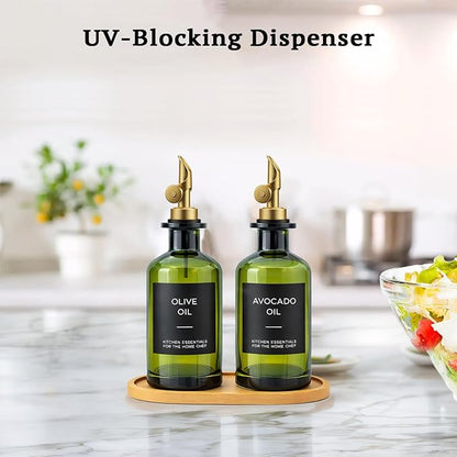 Olive Oil Dispenser Set, 2 x 11.8oz Deep Green Glass Bottles with Auto-Flip Spouts & 2 Capped Spare Spouts, Bamboo Tray, Oil & Vinegar Cruet (Green)