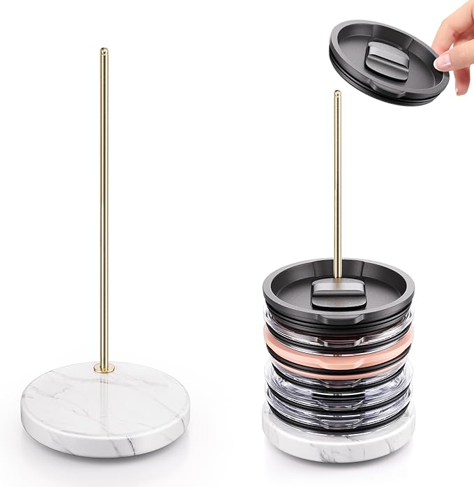 Stainless Steel Tumbler Lid Organizer With Marble Base for Stanley Cup/Yeti - Space-Saving Vertical Stacker for Up to 10 Lids, Clutter-Free Kitchen Cabinets and Countertops (Gold)