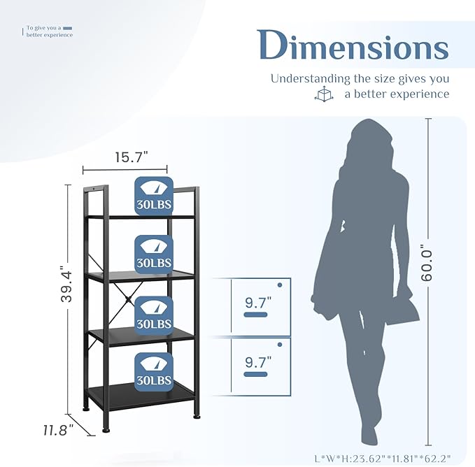DUMOS 4 Tiers Bookshelf, Classical Book Shelf, Tall Display Shelves in Living Room/Home/Office, Storage Organizer for CDs/Books/Movies, Black - Image 3