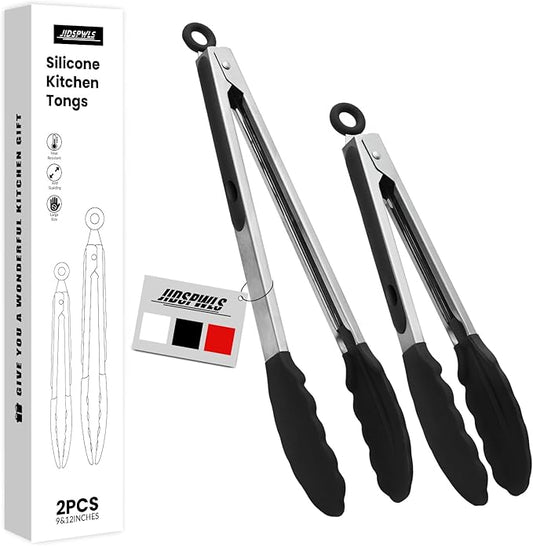 2 Pack Black Premium Stainless Steel Heat Resistant Kitchen Tongs for cooking,set of 9" and 12",Non Scratch Silicone cooking Tong Tip for Cooking Pans,Strong Grip BBQ tongs for Grabbing Hot Food by JIDSPWLS-USStrore