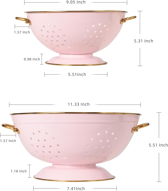 Metal Colander Set of 2, Strainer Basket with Handles 3.5 & 5 Qt Powder Coated Self-draining Solid Ring Base Metal Large Kitchen Colander Bowel for Pasta Vegetable Fruit (PINK) - Image 2