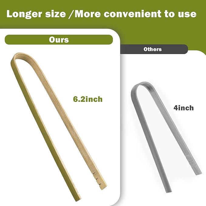 Mini Bamboo Tongs Disposable 100 Pcs 6.2 Inch Long Wooden Tongs for Charcuterie Large Cooking Utensils for Toaster Serving Food Natural Green for Catering Buffet Home - Image 2