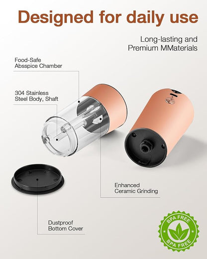 Gravity Electric Salt and Pepper Grinder Set with USB-C Charging Base,Rechargeable Automatic Stainless Steel Pepper Mill Grinder with LED Light, 2pack+Peach Orange (Peach Orange)