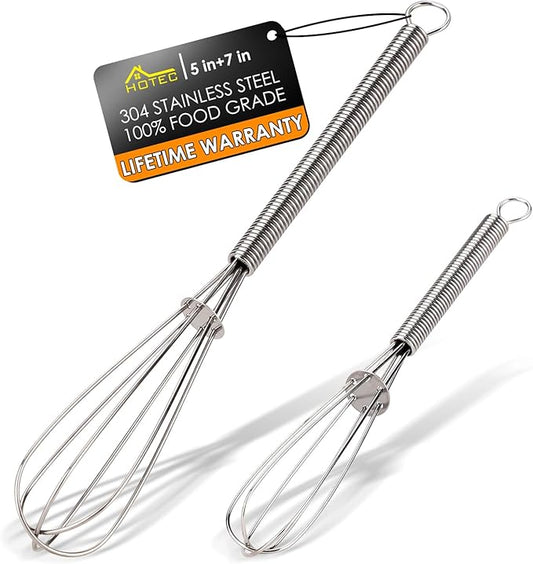 HOTEC Mini Whisks Anti-Rust 304 Stainless Steel Set of 2-5“ & 7", Small Whisk for Cooking, Baking, Mixing Ingredients by Hotec