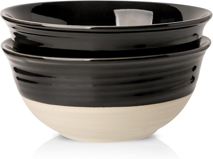 HASENSE Large Porcelain Serving Bowls Set of 2, 60 Oz 8.5 Inch Black & Beige Stoneware Mixing Bowls, Farmhouse Bowls for Salad, Soup & Pasta, Dishwasher & Microwave Safe by Hasense