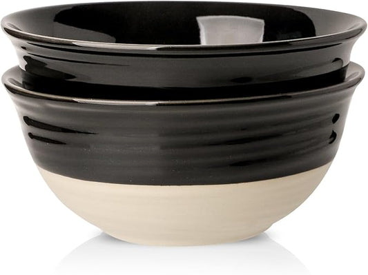 HASENSE Large Porcelain Serving Bowls Set of 2, 60 Oz 8.5 Inch Black & Beige Stoneware Mixing Bowls, Farmhouse Bowls for Salad, Soup & Pasta, Dishwasher & Microwave Safe by Hasense