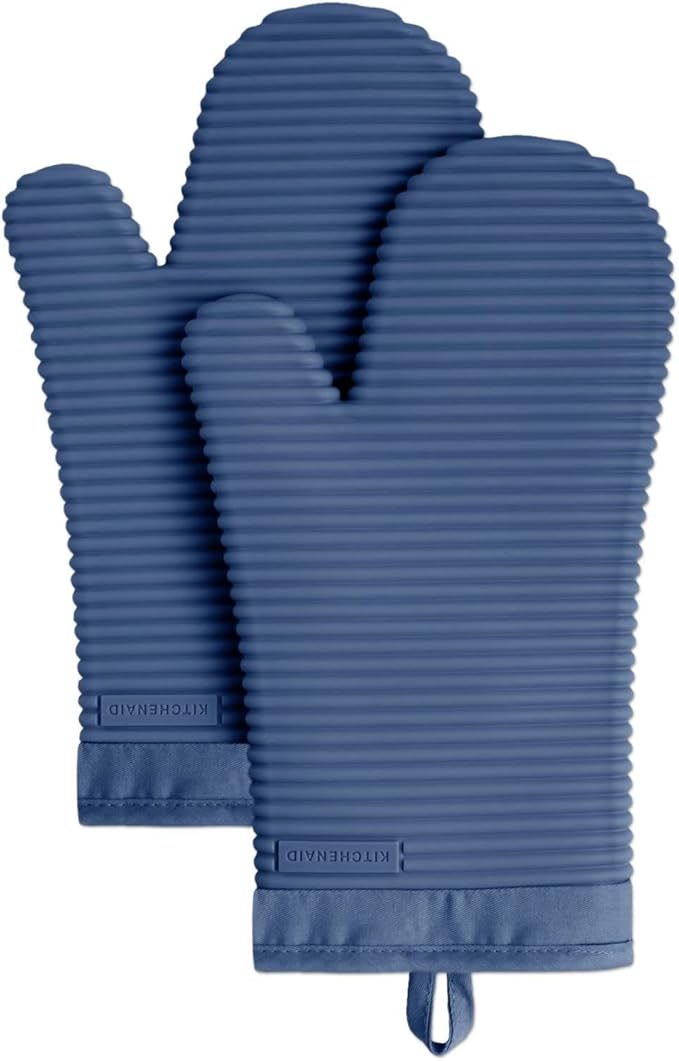 KITCHENAID Ribbed Soft Silicone Oven Mitt 2-Pack Set, 7.5"x13", Blue Willow by KitchenAid