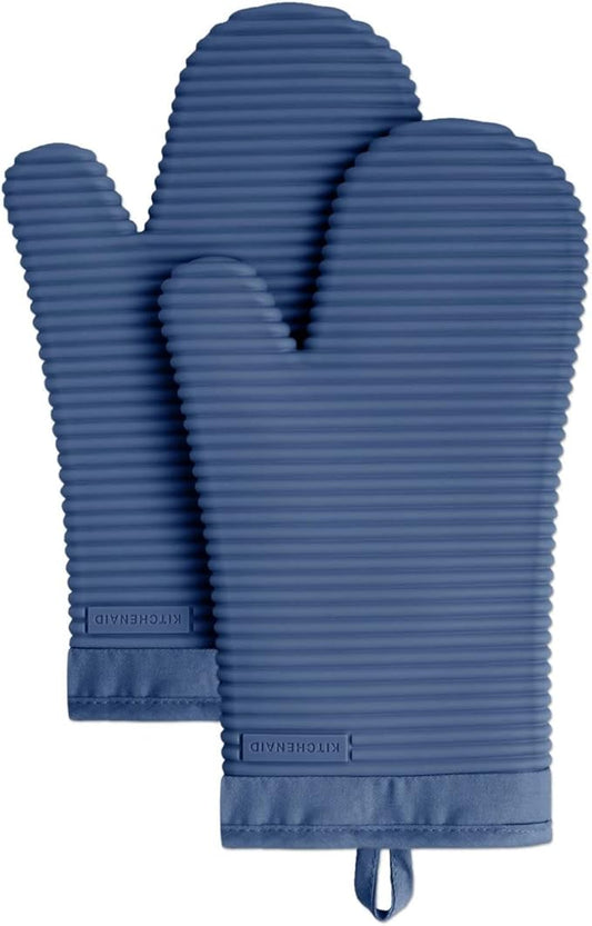 KITCHENAID Ribbed Soft Silicone Oven Mitt 2-Pack Set, 7.5"x13", Blue Willow by KitchenAid